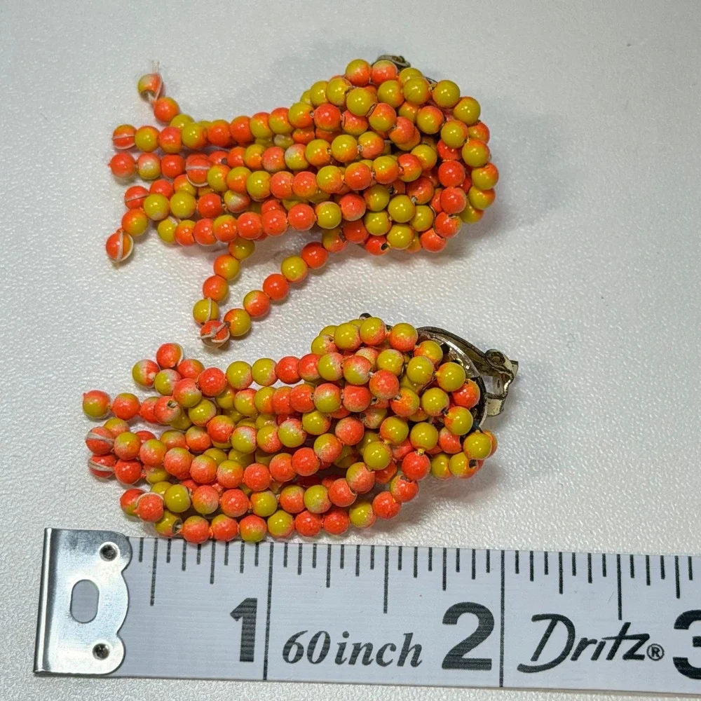 Vintage Japan Citrus Orange Yellow Cha Cha Bead Clip-On Tassel Fringe  Earring